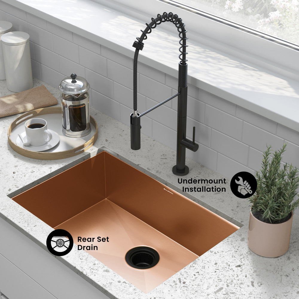 Tourner 26 x 18 Stainless Steel, Single Basin, Undermount Kitchen Sink, Rose Gold
