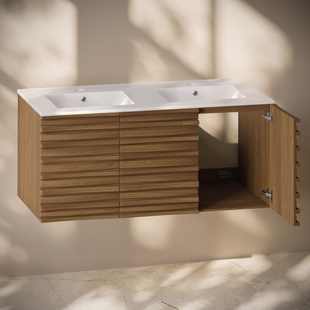 Cascade 48" Wall-Mounted Bathroom Vanity in Brown Oak with Double Basin Sink Top