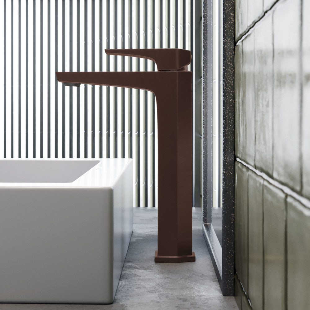Single-handle high arc bathroom faucet in oil rubbed bronze, Voltaire collection.