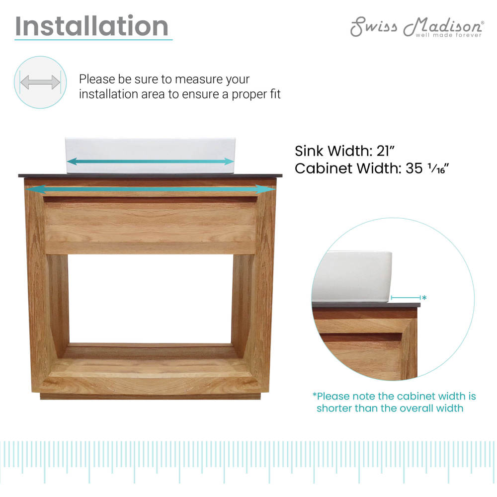36-inch freestanding natural teak bathroom vanity with single sink and open bottom shelf.