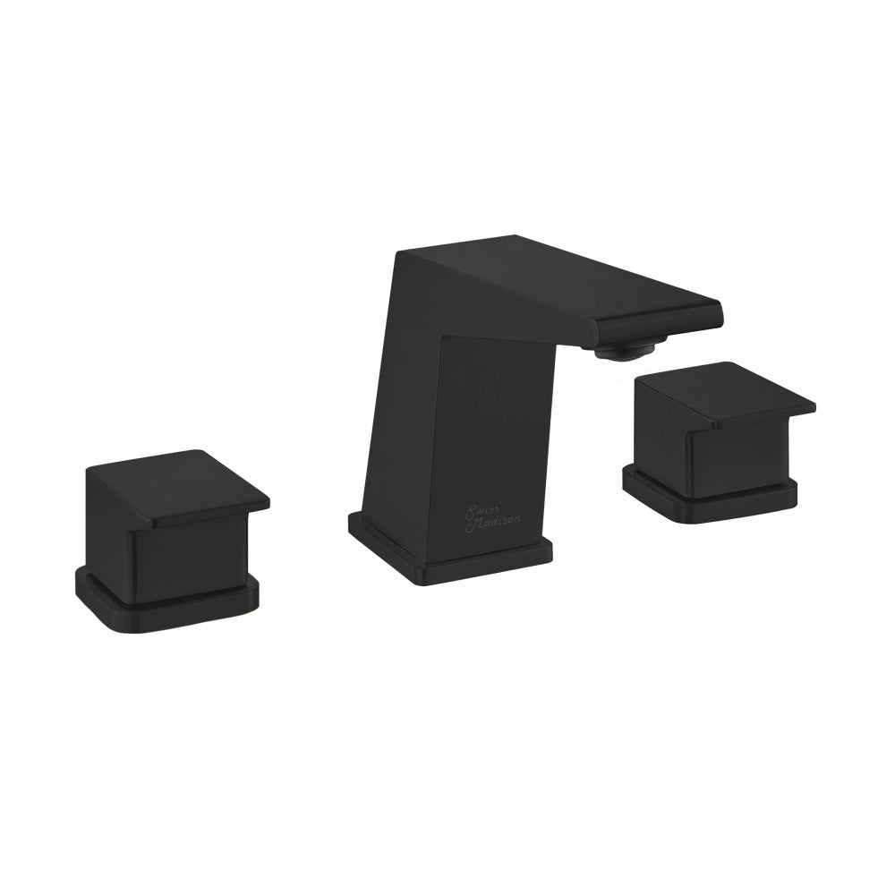 Widespread bathroom faucet in matte black with square handles and a flat spout.