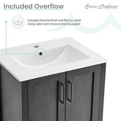 24-inch freestanding bathroom vanity in black with single sink and chrome overflow drain.