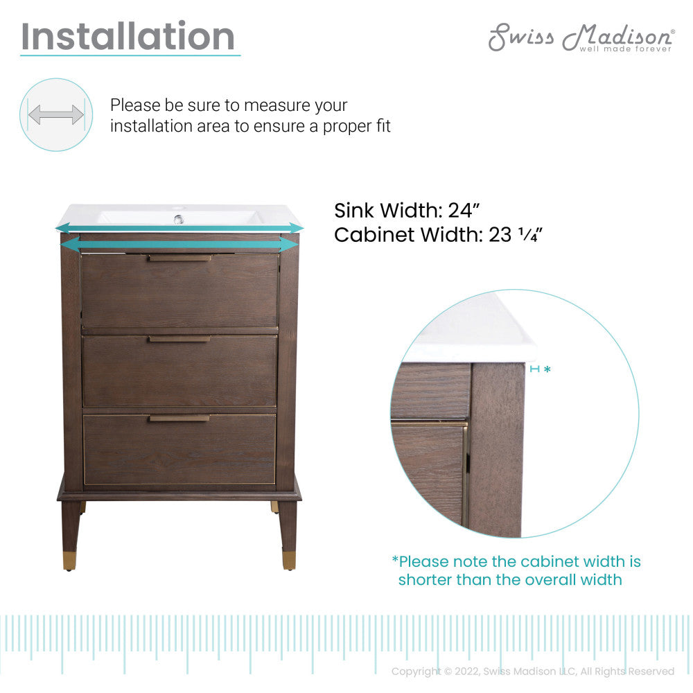 24-inch freestanding bathroom vanity in brown oak with single sink and soft-close doors.
