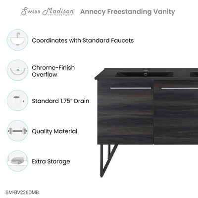 Annecy 60 in. Black Walnut, Double Basin Bathroom Vanity With Black Artificial Stone Sink Top