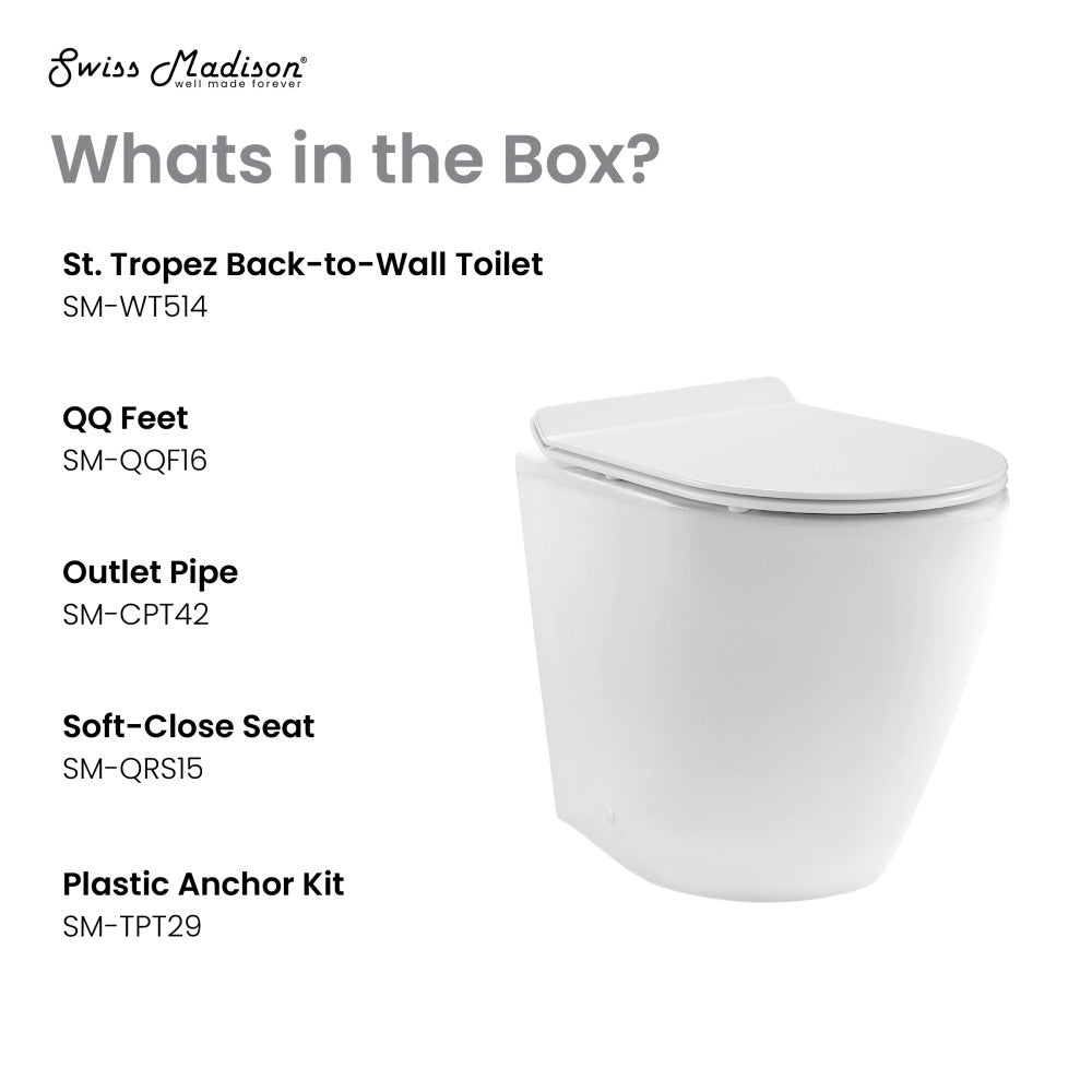 Elongated back-to-wall toilet bowl with soft-close seat, white ceramic, modern design.