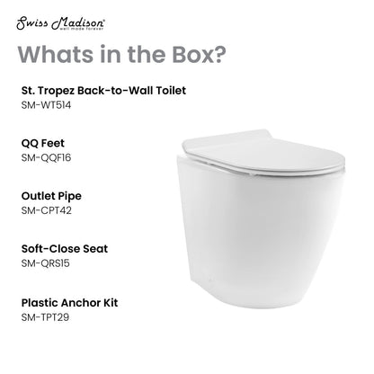 Elongated back-to-wall toilet bowl with soft-close seat, white ceramic, modern design.