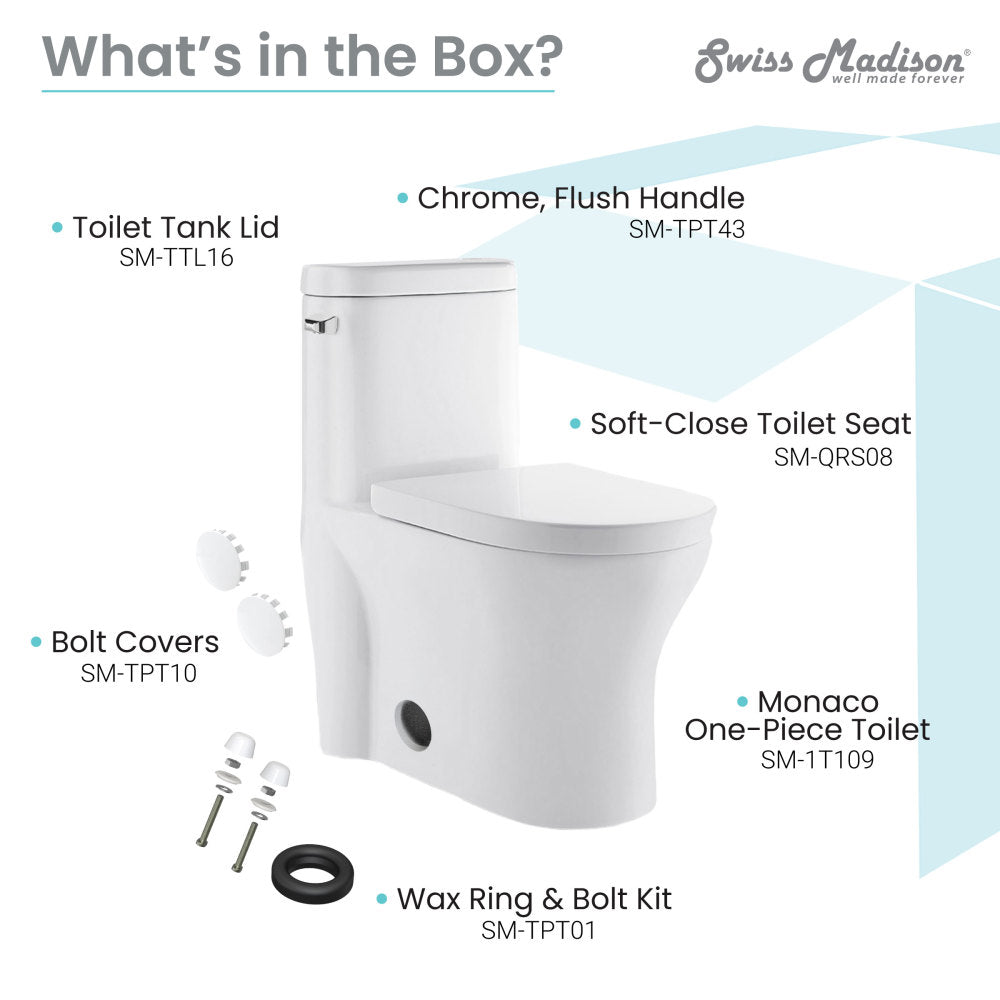 Elongated one-piece toilet with left side chrome flush handle and soft-close seat.