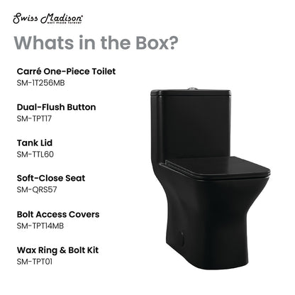 Elongated one-piece toilet in matte black, dual-flush with soft-close seat and skirted trapway design.