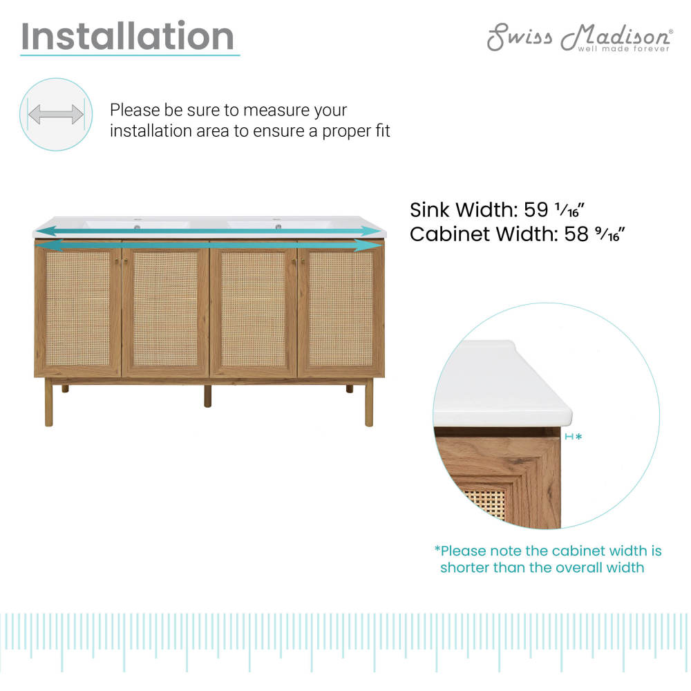 60-inch freestanding golden oak bathroom vanity with double basin sink top and four cabinet doors.