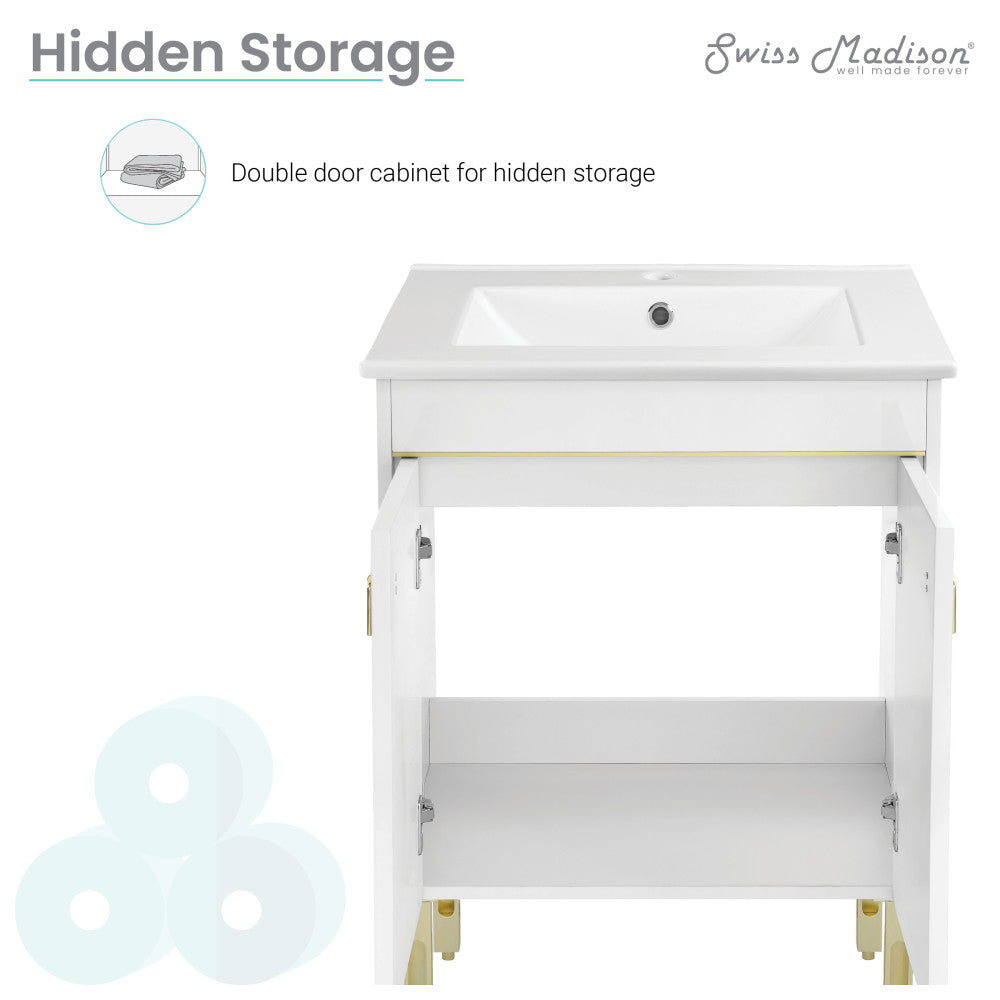 24-inch freestanding white bathroom vanity with double-door hidden storage and integrated sink top.