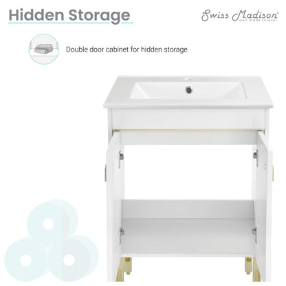 24-inch freestanding white bathroom vanity with double-door hidden storage and integrated sink top.