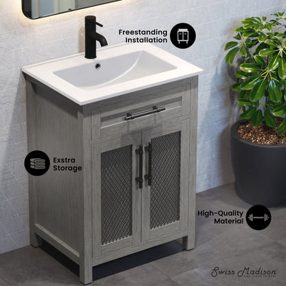 24-inch freestanding bathroom vanity in carbon gray with soft-close doors and metal mesh panels.