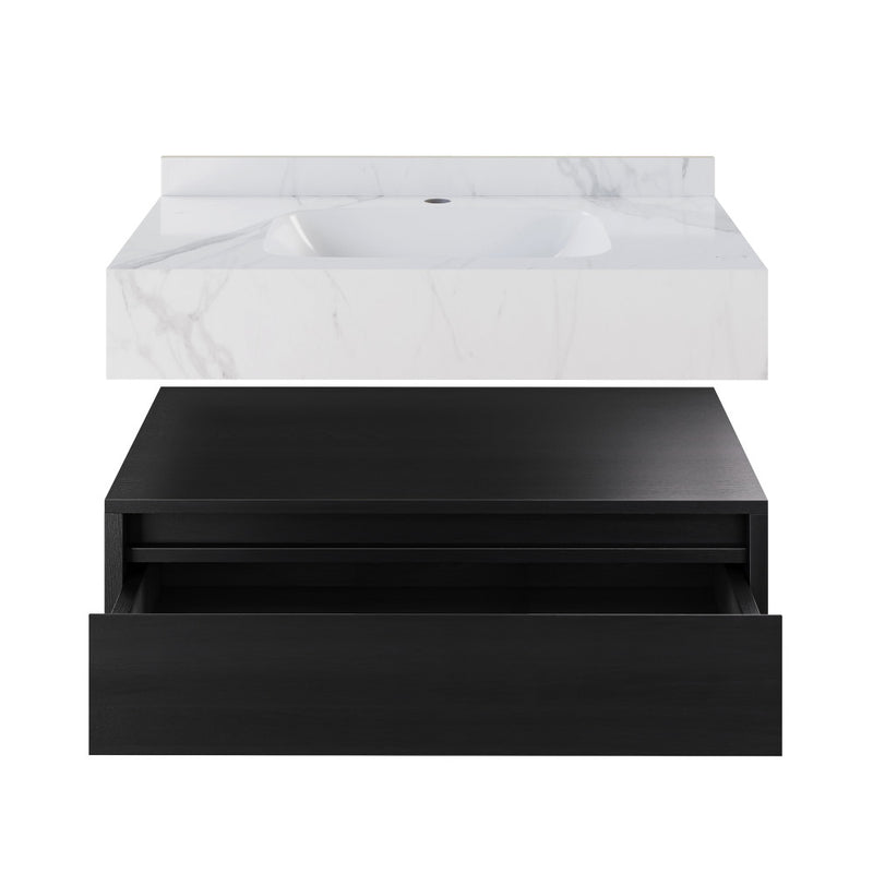 Avancer 36" Wall-Mounted Bathroom Vanity in Black Oak with White Marble Sink Top