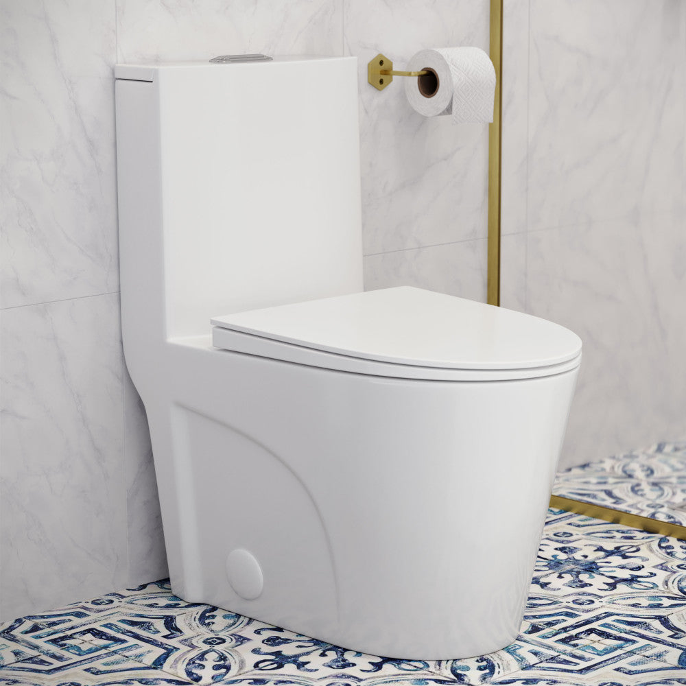 Elongated one-piece toilet with dual vortex flush and 10" rough-in, sleek white design.