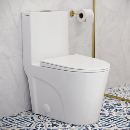 Elongated one-piece toilet with dual vortex flush and 10" rough-in, sleek white design.