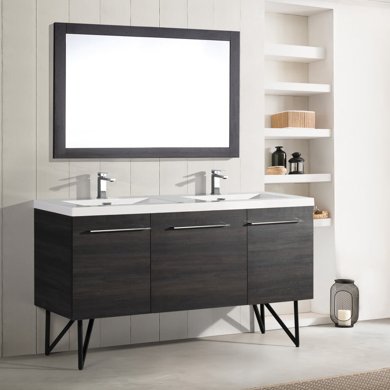 Annecy 60 in. Black Walnut, Double Basin Bathroom Vanity With White, 3-Hole Artificial Stone Sink Top