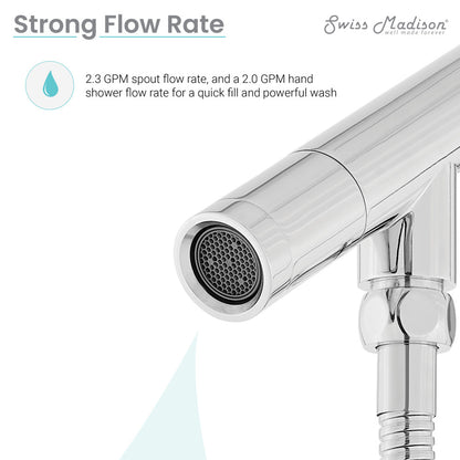 Freestanding bathtub faucet in chrome with hand shower and strong flow rate.