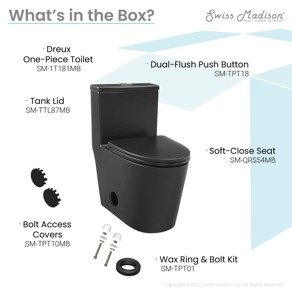 Elongated one-piece toilet in matte black with dual flush and soft-close seat.