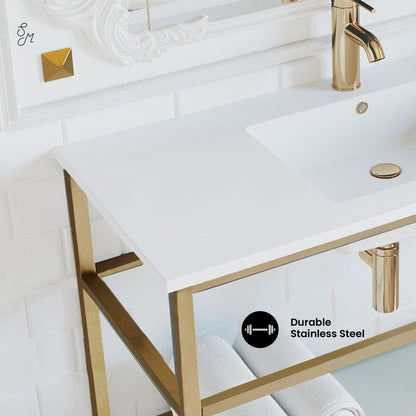 Pierre 36 Single, Open Shelf, Gold Metal Frame Bathroom Vanity
