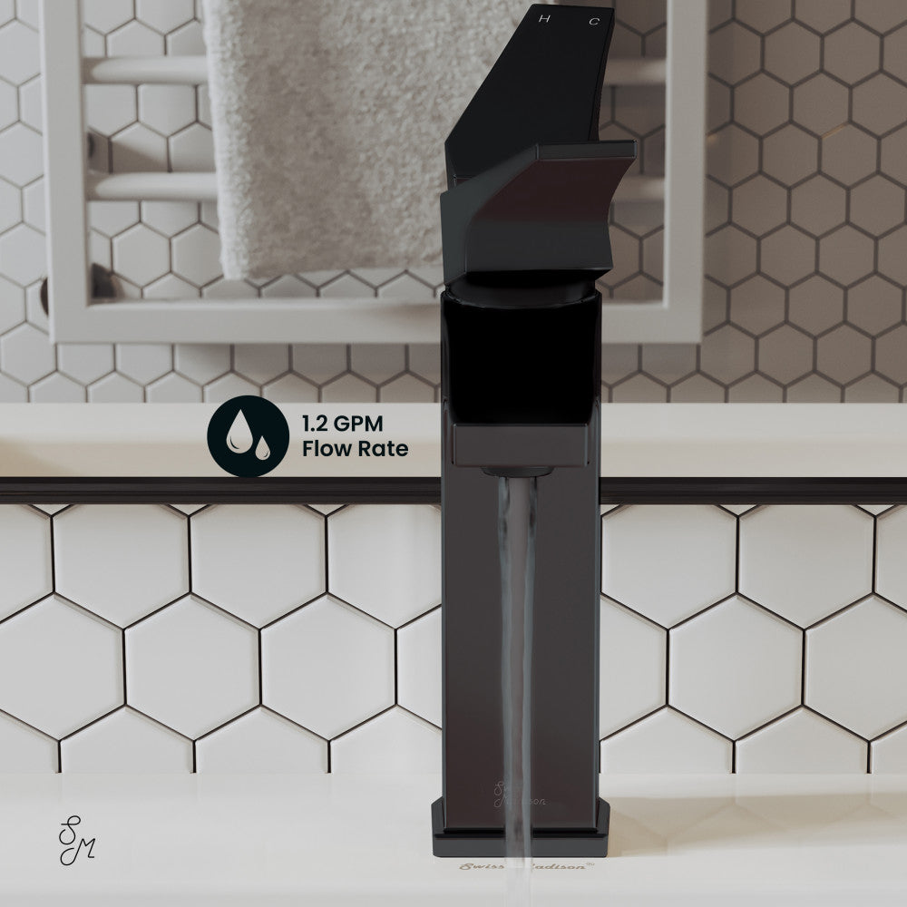 Single-handle bathroom faucet in matte black, single hole installation, sleek modern design.