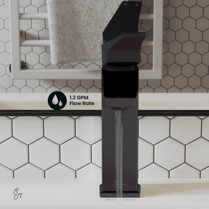 Single-handle bathroom faucet in matte black, single hole installation, sleek modern design.