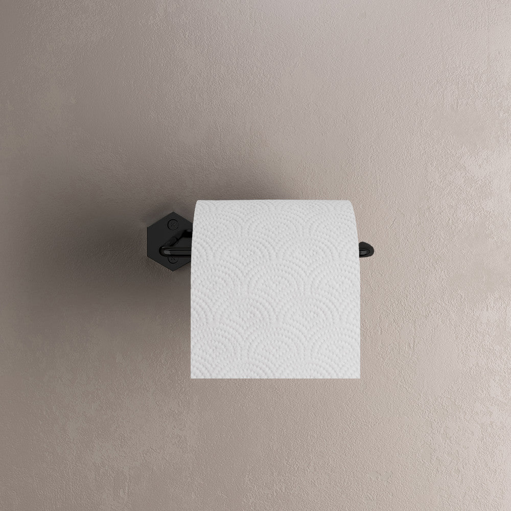Toilet paper holder in matte black with a minimalist square wall mount and straight arm design.