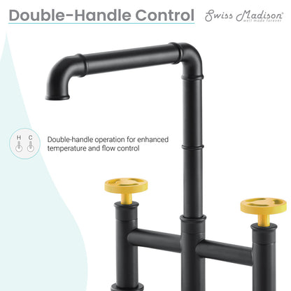 Widespread kitchen faucet in matte black with yellow double-handle control for temperature and flow adjustment.