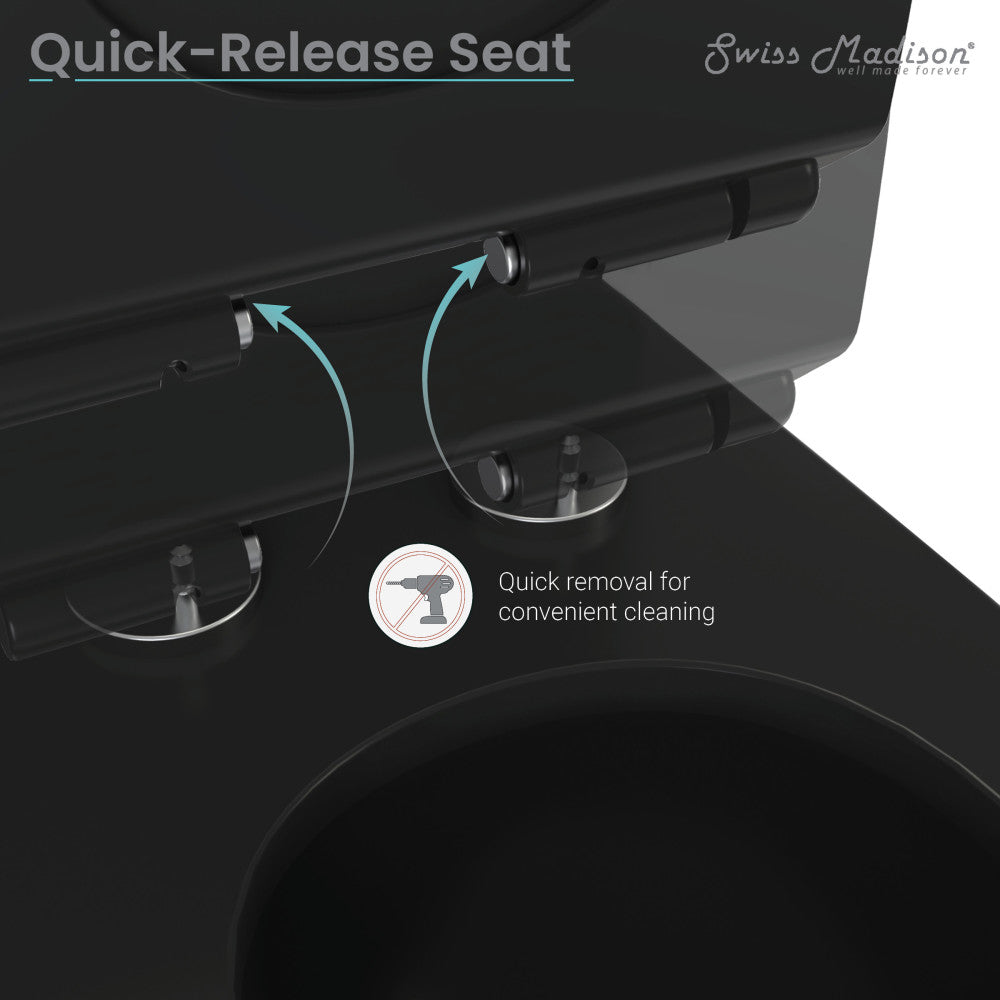 Calice wall-hung round toilet bowl in matte black with quick-release soft-close seat mechanism.
