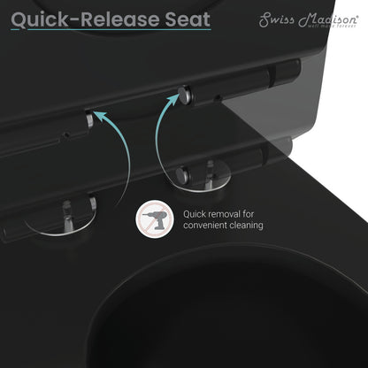 Calice wall-hung round toilet bowl in matte black with quick-release soft-close seat mechanism.