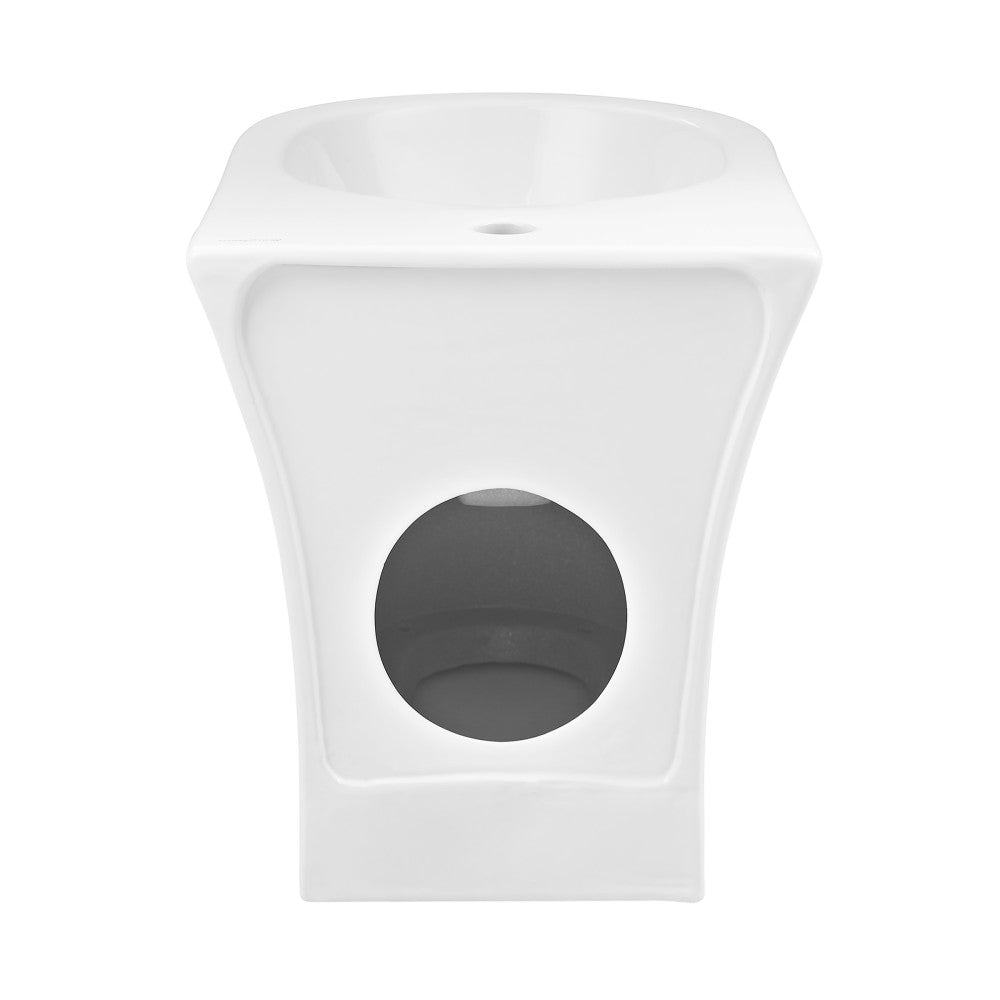 Floor-mount classic bidet in glossy white, smooth curved design with centered water outlet hole.