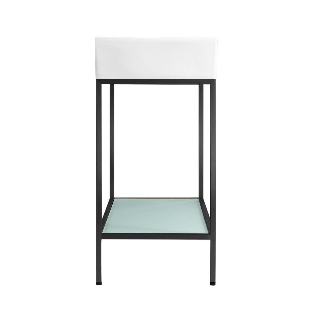 32-inch freestanding bathroom vanity with black metal frame, open shelf, and white rectangular sink top.