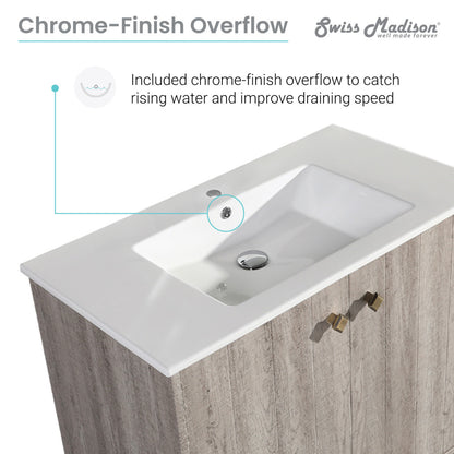 36-inch freestanding gray oak bathroom vanity with single integrated white sink top and chrome overflow.