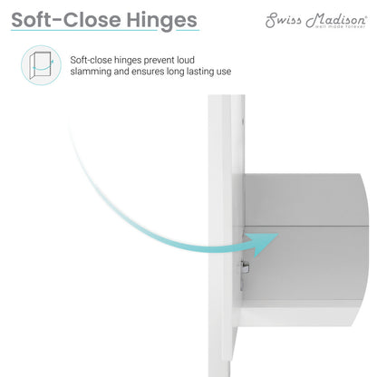 24-inch freestanding white bathroom vanity, single sink, soft-close doors and hinges.