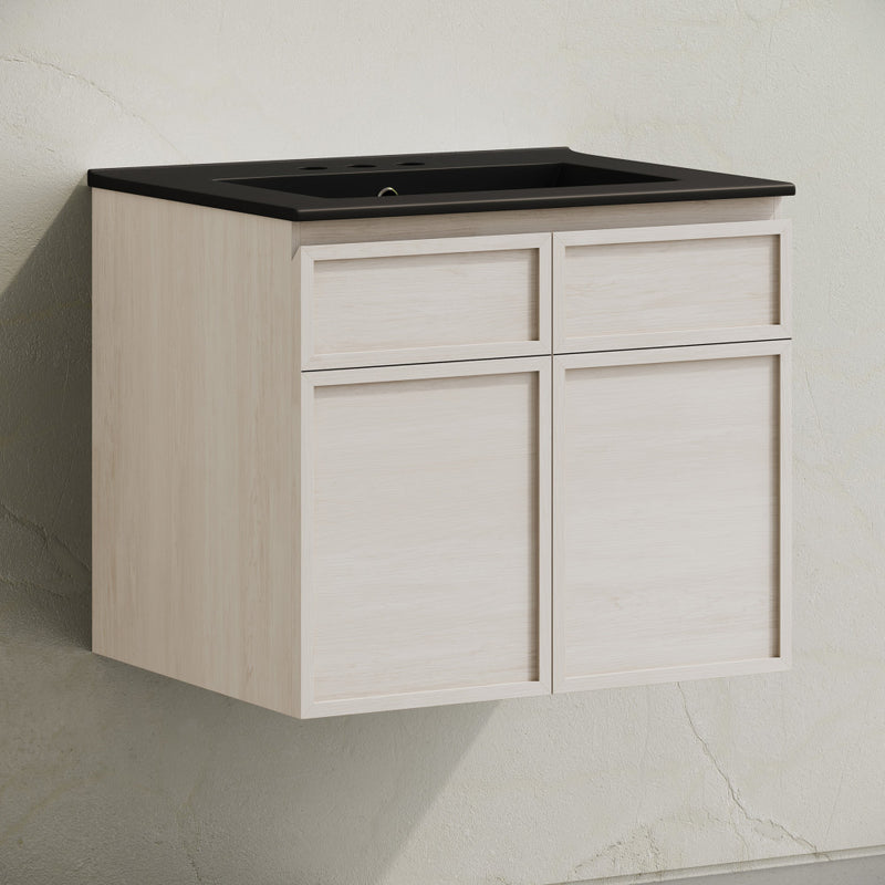 St. Tropez 24" Wall-Mounted Bathroom Vanity in White Oak with Black 3-Hole Centerset Sink Top