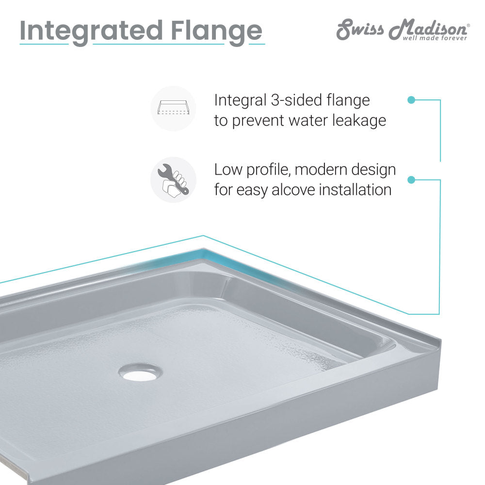 60-inch single-threshold shower base in gray with left-hand drain, low-profile design, integral 3-sided flange.