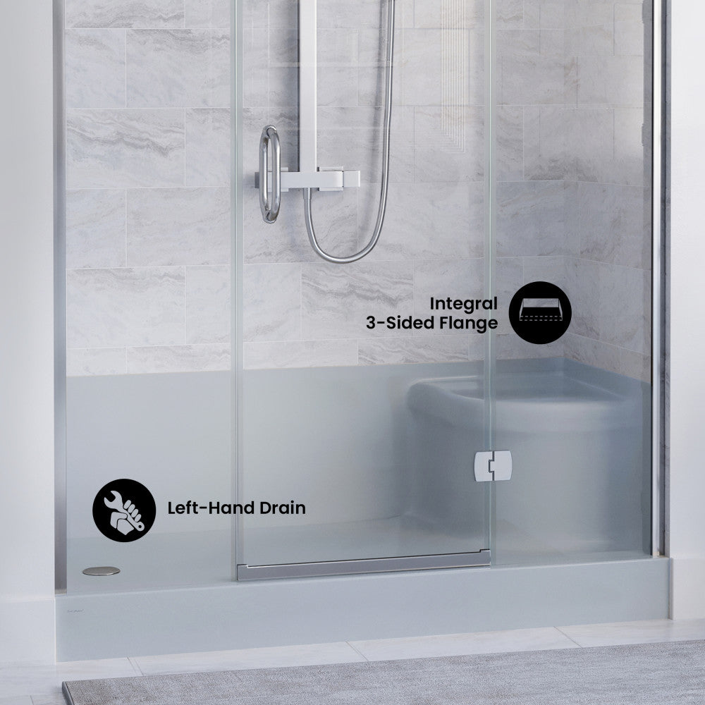 Aquatique 60" x 32" Single Threshold Shower Base With Left Hand Drain and Integral Right Hand Seat in Gray