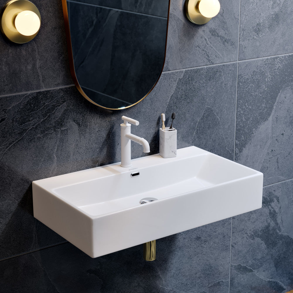 30" rectangular wall-mount bathroom sink in white with single faucet hole and integrated overflow.