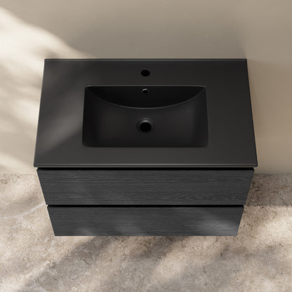Liberte 30" Wall-Mounted Bathroom Vanity in Black Oak with Black Sink Top