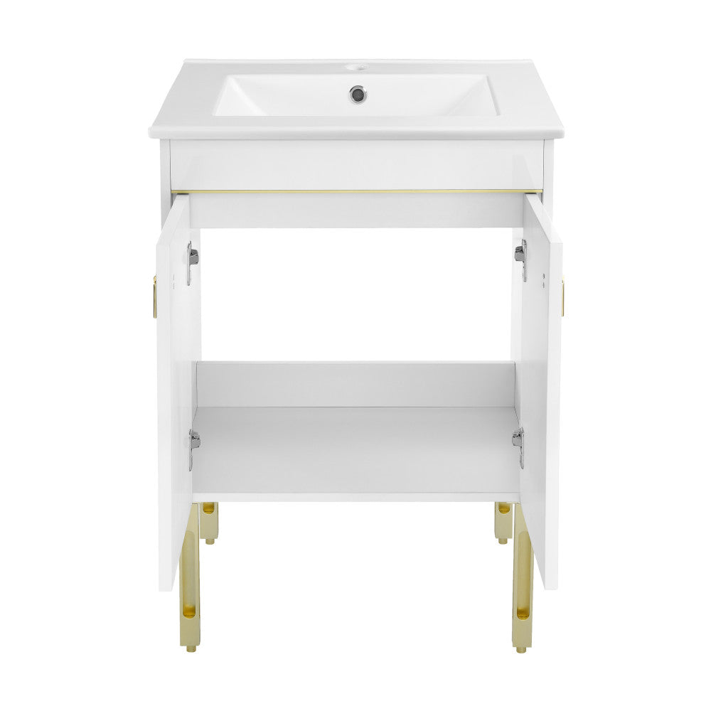 24-inch freestanding white bathroom vanity with single sink, soft-close doors, and gold accents.