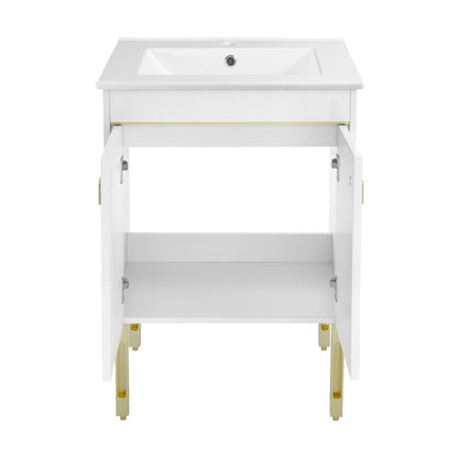 24-inch freestanding white bathroom vanity with single sink, soft-close doors, and gold accents.