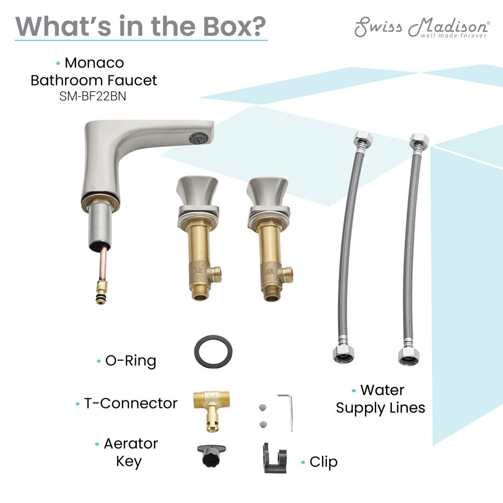 Widespread bathroom faucet in brushed nickel with two handles and included installation components.