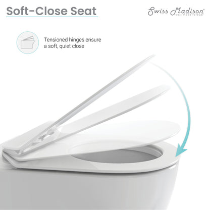 Elongated wall-hung toilet bowl with soft-close seat, white ceramic, black hardware accents.