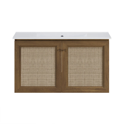 Classe 36" Wall-Mounted Bathroom Vanity in Brown Oak with Single Faucet Hole Vanity Top