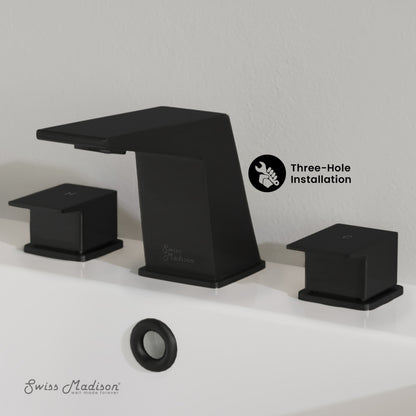 Widespread bathroom faucet in matte black, 2-handle, modern square design.