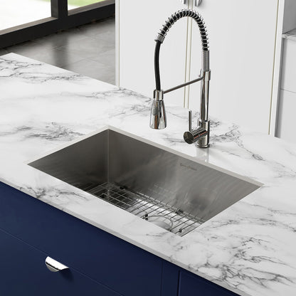 27 x 19 stainless steel undermount single basin kitchen sink with grid and spring pull-down faucet.