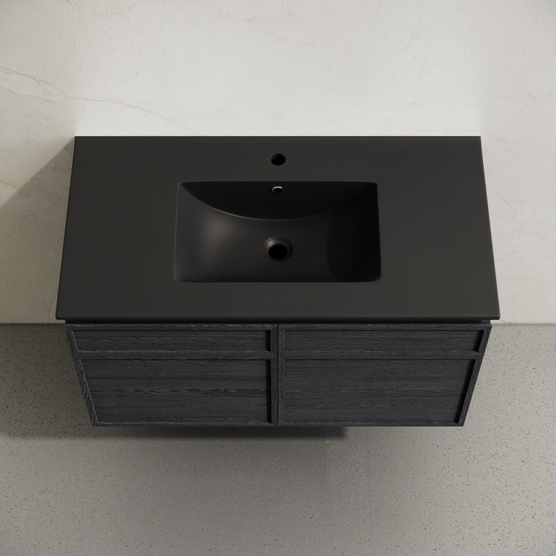 St. Tropez 36" Wall-Mounted Bathroom Vanity in Black Oak with Black Sink Top