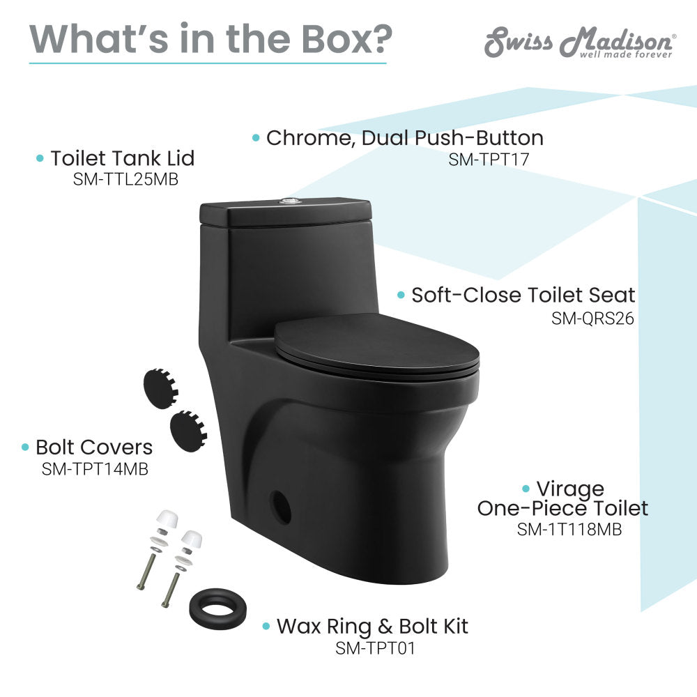 Elongated one-piece toilet in matte black, dual-flush, soft-close seat, skirted trapway design.