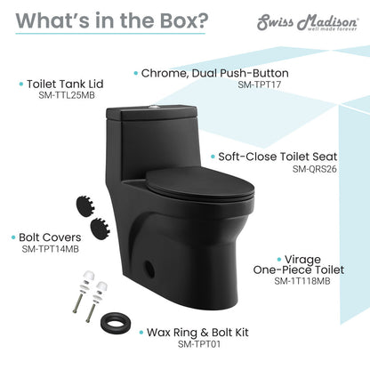 Elongated one-piece toilet in matte black, dual-flush, soft-close seat, skirted trapway design.