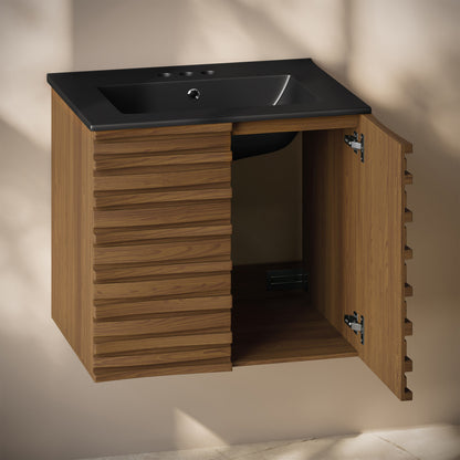 Cascade 24" Wall-Mounted Bathroom Vanity in Brown Oak with Black 3-Hole Centerset Sink Top