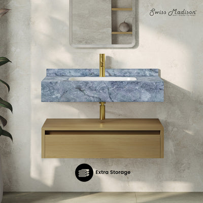 Avancer 36" Wall-Mounted Bathroom Vanity in Natural Oak with Blue Celeste Sink Top